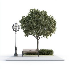 Fototapeta premium A bench is placed in front of a tree and a street lamp