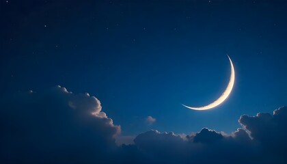 Night sky with glowing crescent moon and sparkling stars, subtle clouds, ideal for festive Eid al adha or mubarak