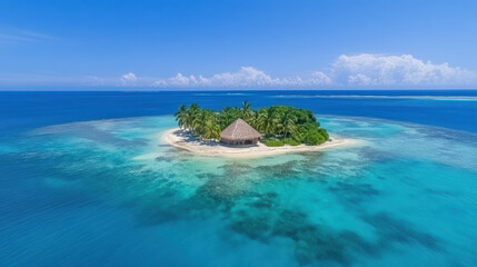Fototapeta premium Aerial view of luxury bungalow on tropical island surrounded by clear blue waters