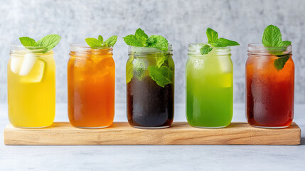 Fototapeta premium Refreshing cold beverages displayed in jars with mint leaves