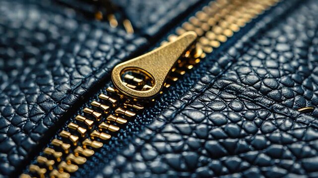Golden Zipper on Deep Blue Leather: A Close-Up Macro Photograph