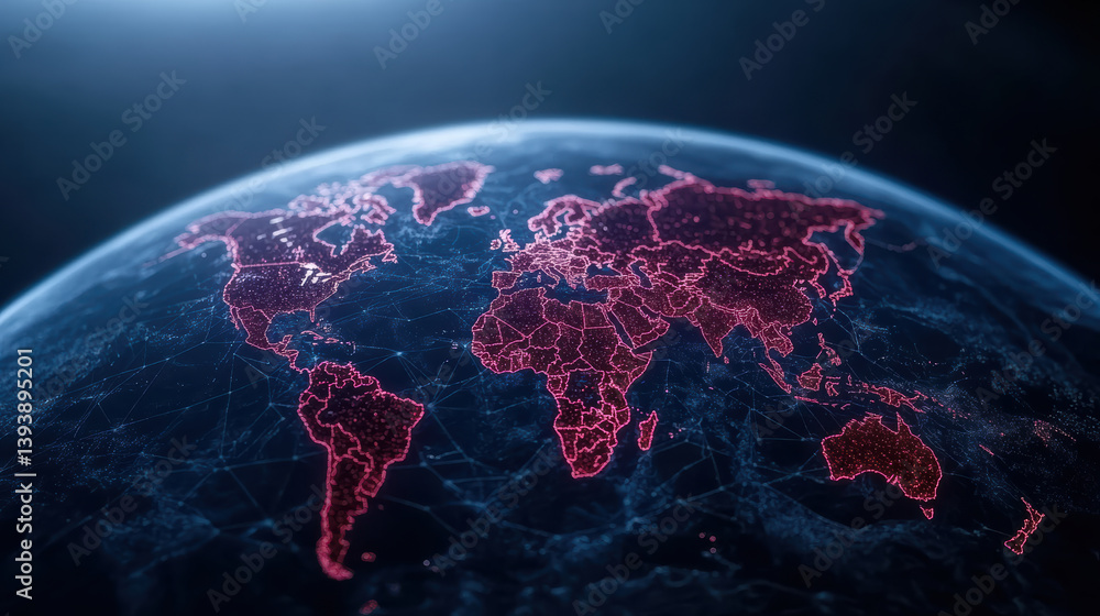 Poster digital globe showcasing network of interconnected regions with glowing red outlines