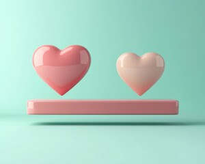 Two Glossy Pink and Peach 3D Hearts Floating Above Pink Bar on Teal Background