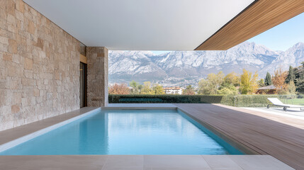 Fototapeta premium Modern spa with stone walls, serene pool, and stunning mountain views
