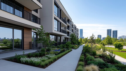 Modern apartment complex with lush landscaping and city skyline
