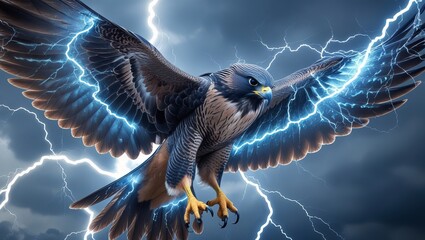 Majestic hawk soaring through a stormy sky, illuminated by striking blue lightning.
