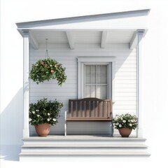 A white house with a porch and a bench