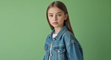 Fototapeta premium Caucasian teen girl on green plain bright background modern chic fashion pose model portrait portrait banner with copy space ad concept marketing
