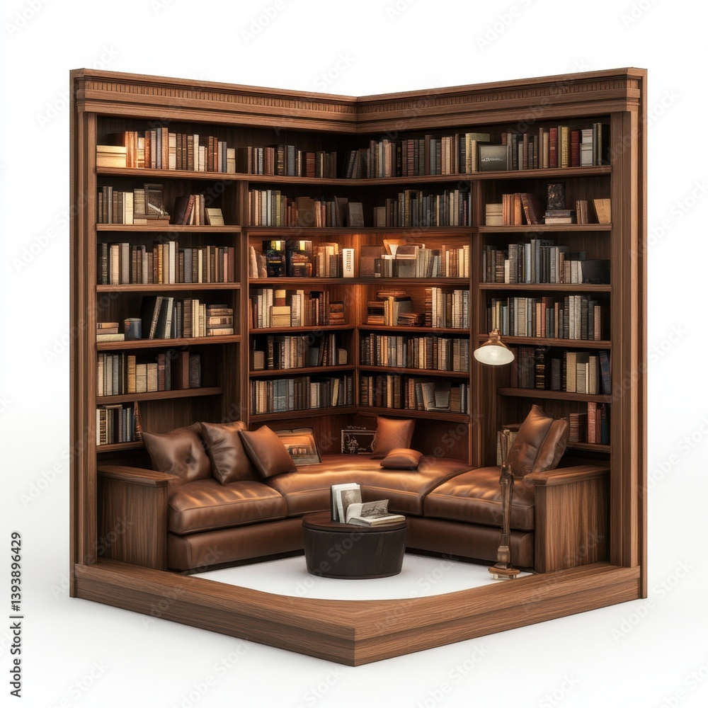 Poster a corner of a library with a couch and a table