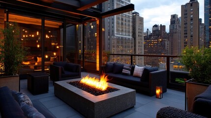 Modern city penthouse terrace with urban skyline views and stylish fire pit