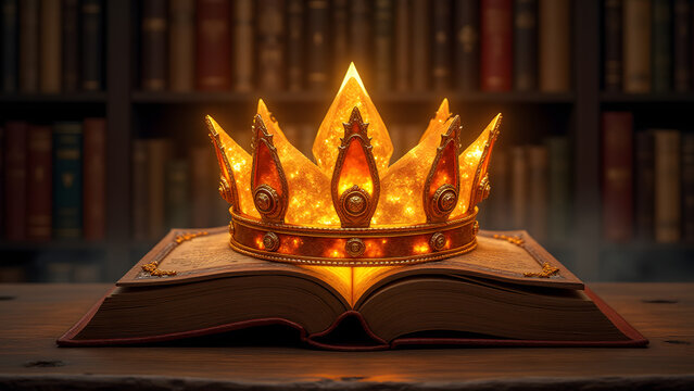 Archmage's crown on spell tome. Floating sigils glow in magical library setting at 12K.