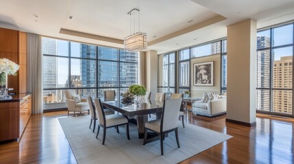 Fototapeta premium Opulent dining room interior with cityscape views and a modern aesthetic