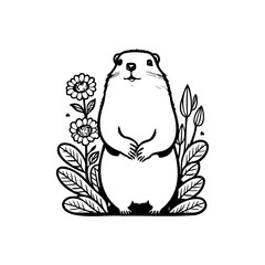 Whimsical groundhog illustration surrounded by stylized floral elements in black and white