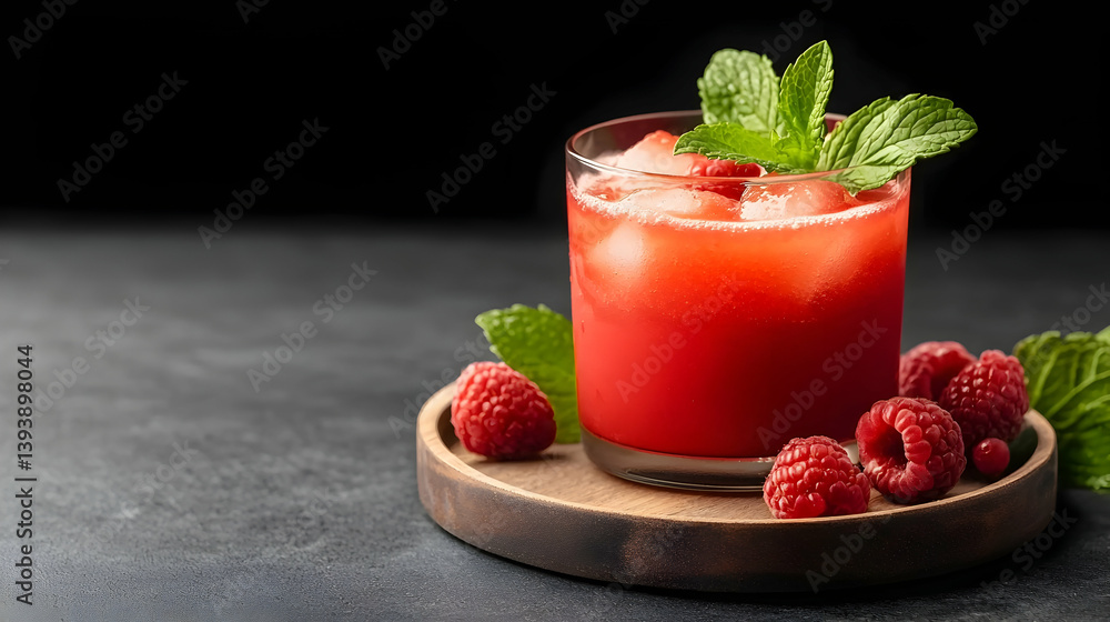Poster refreshing raspberry strawberry juice with mint