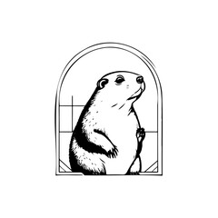 Monochrome groundhog illustration in arched window, observing the daylight above
