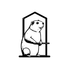 Adorable marmot standing playfully near a simple architectural frame illustration