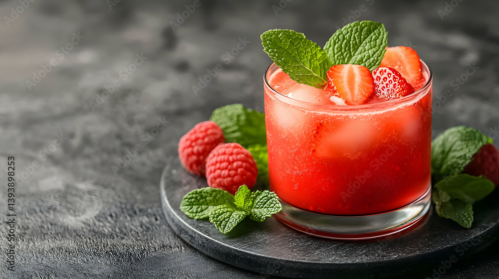 Poster refreshing raspberry strawberry juice with mint
