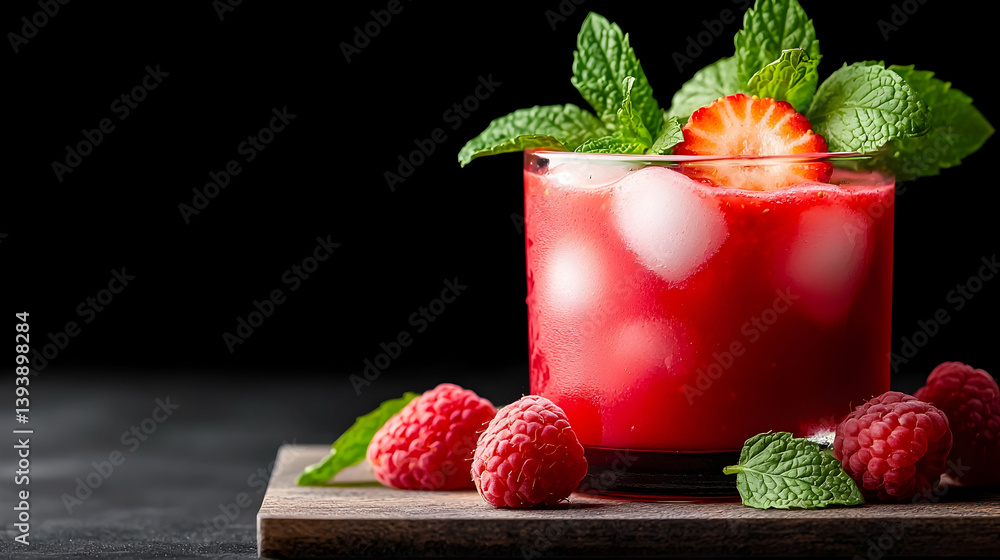 Poster refreshing raspberry strawberry juice with mint