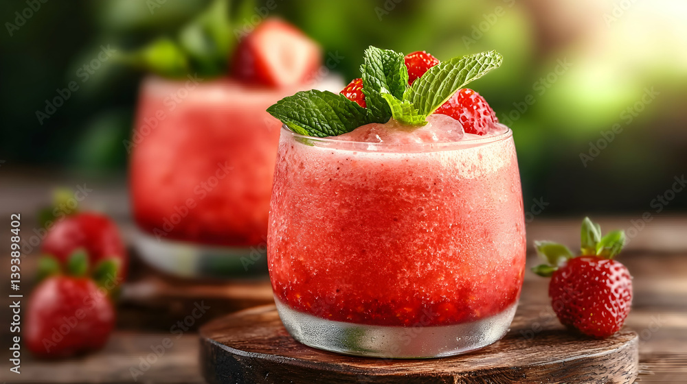 Poster refreshing raspberry strawberry juice with mint