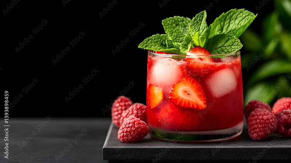 Poster refreshing raspberry strawberry juice with mint