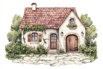 A charming, rustic cottage surrounded by greenery, featuring a thatched roof, wooden doors, and quaint windows.