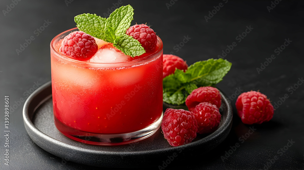 Poster refreshing raspberry strawberry juice with mint on dark background