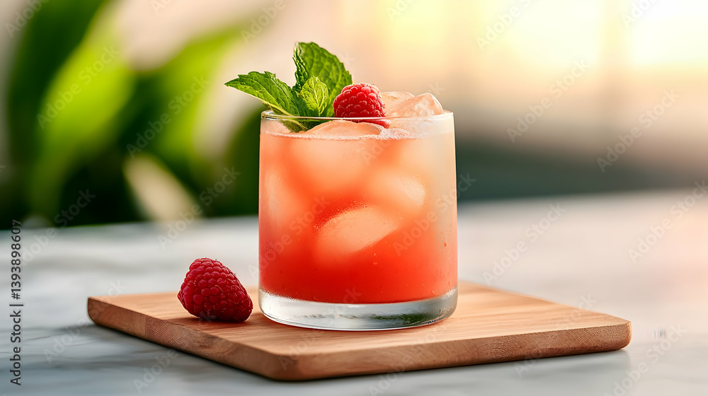Poster refreshing raspberry strawberry juice with mint garnish