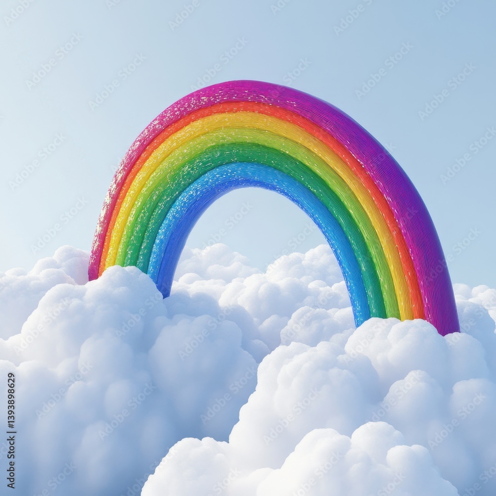 Poster a rainbow is drawn on a white background with clouds in the background