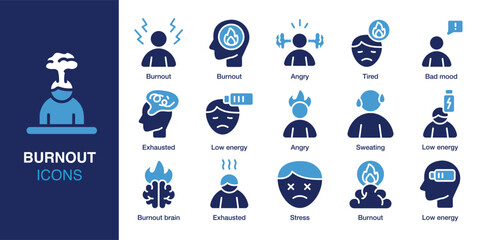 Burnout icon set. Containing Burnout, Angry, Tired, Bad mood, Exhausted, Low energy, Sweating, Burnout brain, Stress. Solid vector icons collection. Vector illustration.