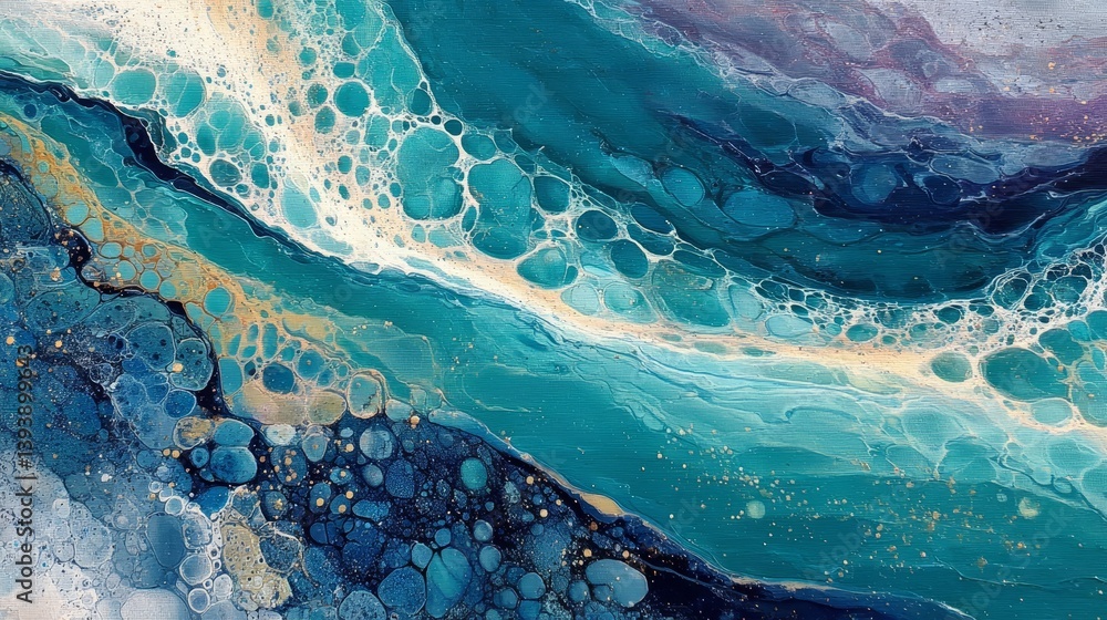 Poster abstract fluid art in shades of blue, showcasing vibrant flowing patterns and textures, creating a c