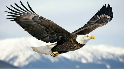 Obraz premium Majestic Bald Eagle Soaring Over Snowy Mountains with Wings Fully Extended in a Natural Landscape