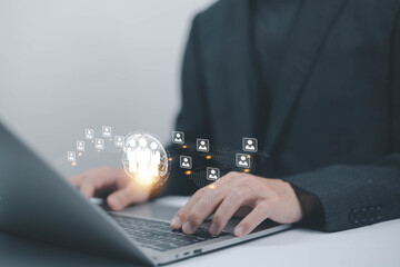 Customer service and customer relationship concept, Businessman use tablet with global structure customer technology, HR Management human technology effective. social media, employment
