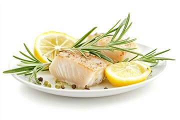 Delicious Halibut Steak Served with Lemon and Rosemary Sprigs on Plate