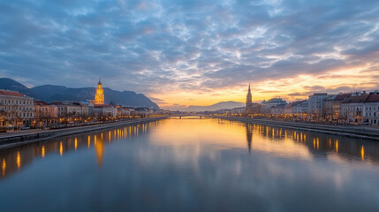 serene cityscape at sunset, featuring reflections in river and illuminated buildings