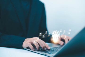 Customer service and customer relationship concept, Businessman use tablet with global structure...