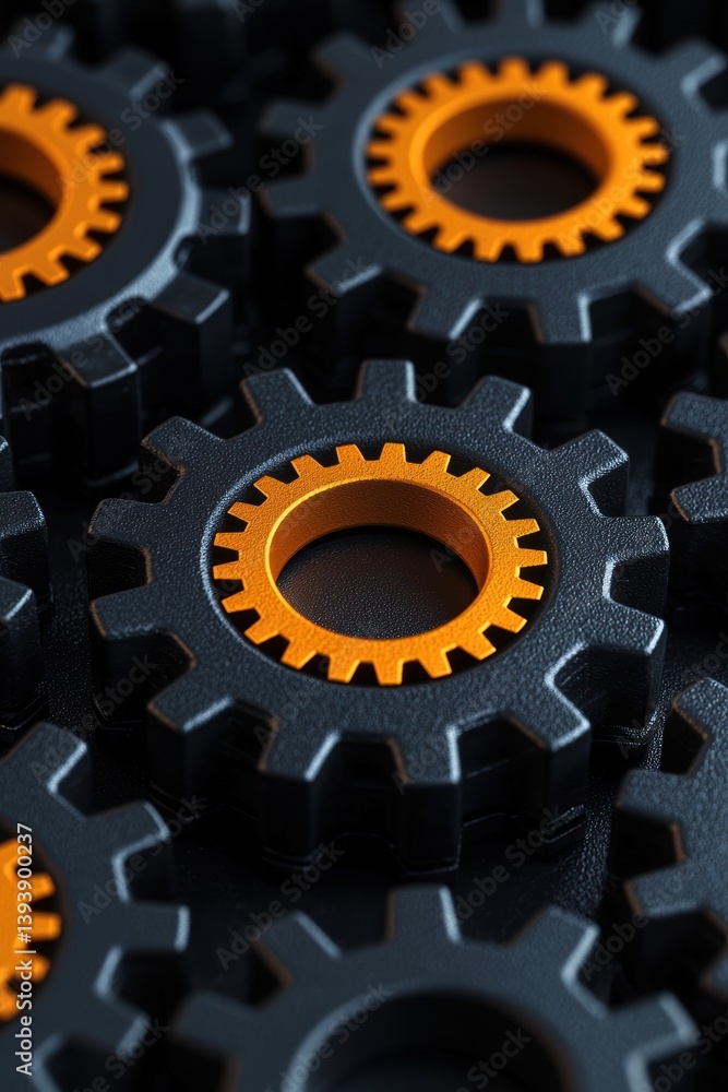 Poster a close-up of interlocking gears featuring orange accents, showcasing a mechanical design with a foc