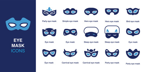 Eye Mask icon set. Containing party eye mask, simple eye mask, hero eye mask, bird eye mask, and more. Solid vector icons collection. Vector illustration.