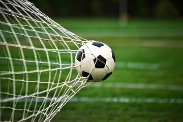 Soccer ball hits the net during a game on the field with green grass background