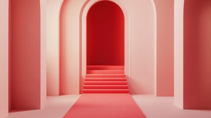 Fototapeta premium Minimalist Geometric Architectural Interior Background with Pink Walls and Red Archway Stairs