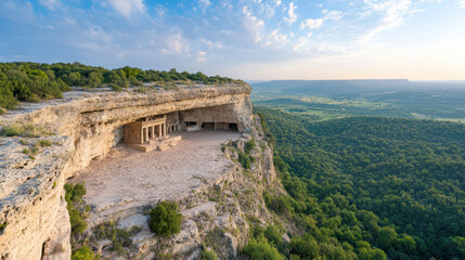 Fototapeta premium Ancient cliffside temple overlooking lush valley and distant mountains at sunrise