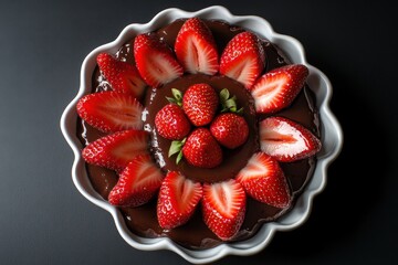 Delicious chocolate cake decorated with fresh ripe strawberries and a glaze