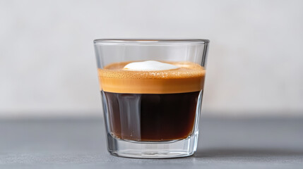 Rich espresso shot topped with creamy froth clear glass, showcasing delightful coffee experience