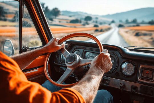 Driving vintage car begins scenic journey through rolling hills POV, hands hold wooden wheel, open country road winds ahead, perfect classic car road trip journey through pastoral landscape.
