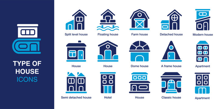 Type of House icon set. Containing Split level house, Floating house, Farm house, Detached house, Modern house and more. Solid vector icons collection. Vector illustration.