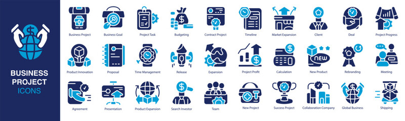Business Project icon set. Containing Business Project, Business Goal, Project Task, Budgeting, Contract Project and more. Solid vector icons collection. Vector illustration.