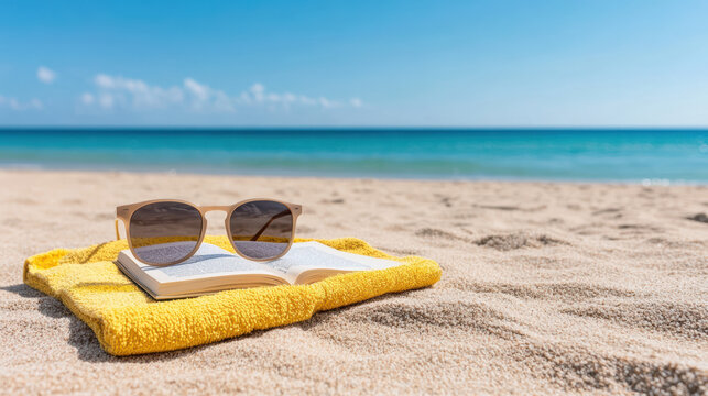 relaxing scene featuring sunglasses and open book on yellow towel on sandy beach - Powered by Adobe