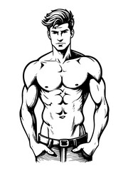 Fototapeta premium man with muscle torso. black drawing isolated on a white background.