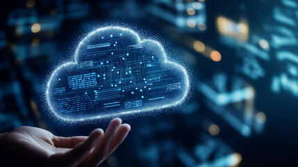 Business professional holding hand with floating cloud symbol, surrounded by digital connections on dark background, symbolizing AI, VPNs, data networks, and tech innovation.