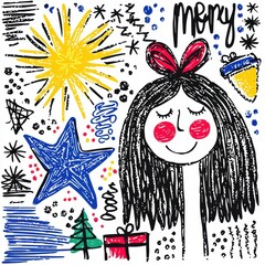 A whimsical illustration featuring a girl with a red bow, surrounded by festive elements like stars, a tree, and the word "Merry.