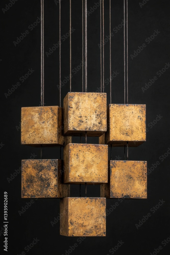 Poster a modern pendant light fixture featuring interconnected cubes, showcasing a unique design with an ag